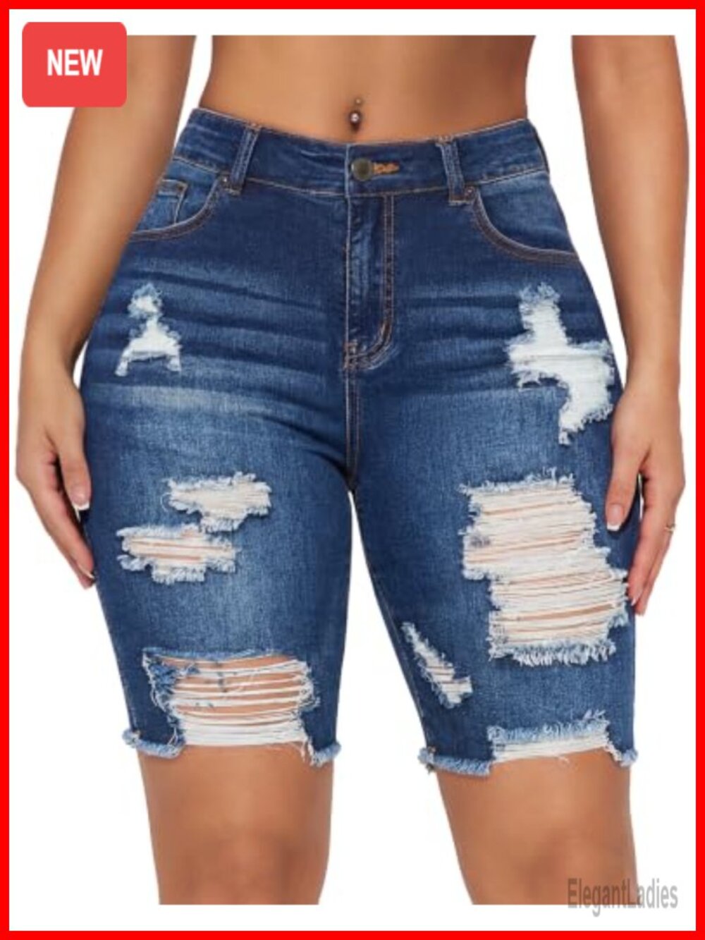 Stretchy High Waisted Ripped Denim Bermuda Shorts Knee Length